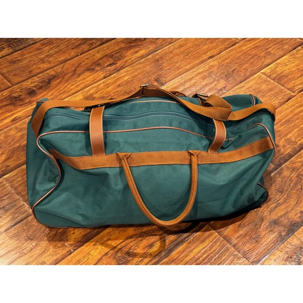 Polo Ralph Lauren Rolling Duffel Bag Green Canvas Leather Trim 24x13x11 Travel